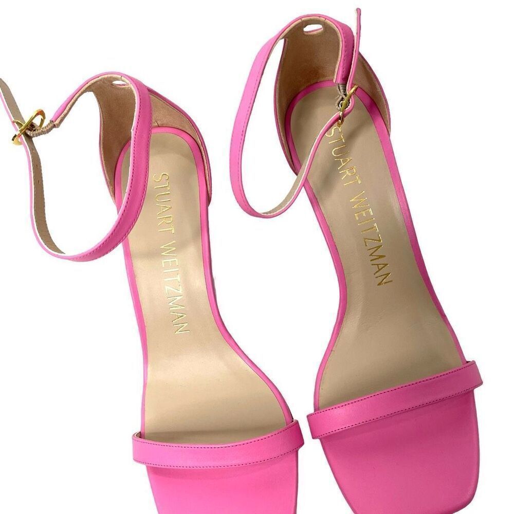 NEW Stuart Weitzman Nudistlucite Leather clear Wedge Sandals Size 8 barbie pink - Picture 3 of 11
